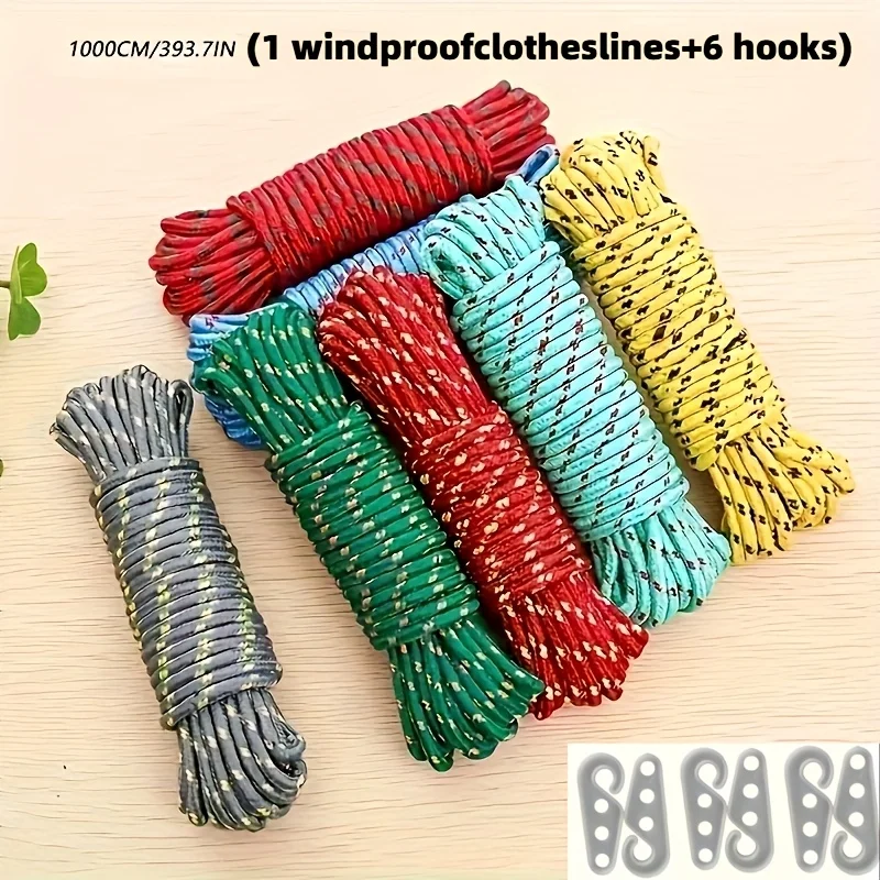 7‑Piece Kit 10M Nylon Rope with 6 Hooks,Random Color Indoor Outdoor Clothesline,Camping Gear for Securing & Towing Supplies