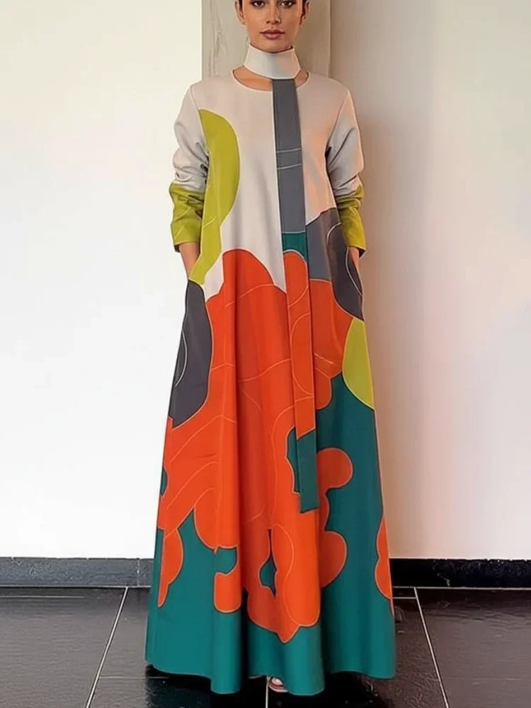 2023 herbst Stilvolles Kleid für Frauen Rundhals Lange Ärmel Lose Maxi Kleid mit Schal Weibliche Casual Gedruckt Party Kleider