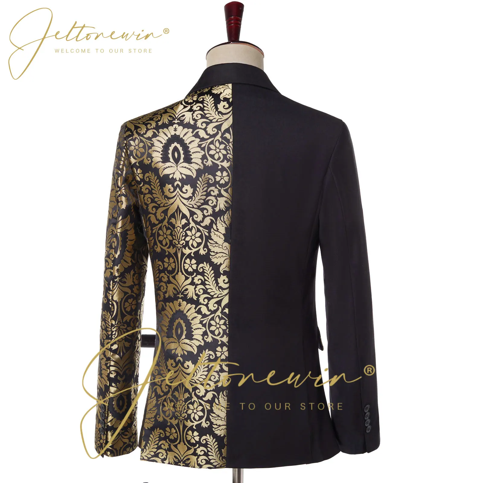 Tailored Made Wedding Suit Men Black Gold Floral Double Breasted Groom Blazer Tuxedos Costume Homme Terno Masculino