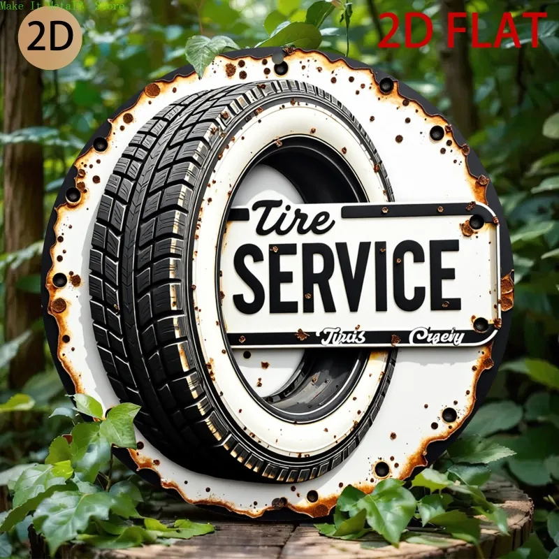 2D Flat - 1pc Vintage Tire Service Sign Round  Wall Art with Worn Edges and Tire Tracks, Easy to Install for Workshop, Cave