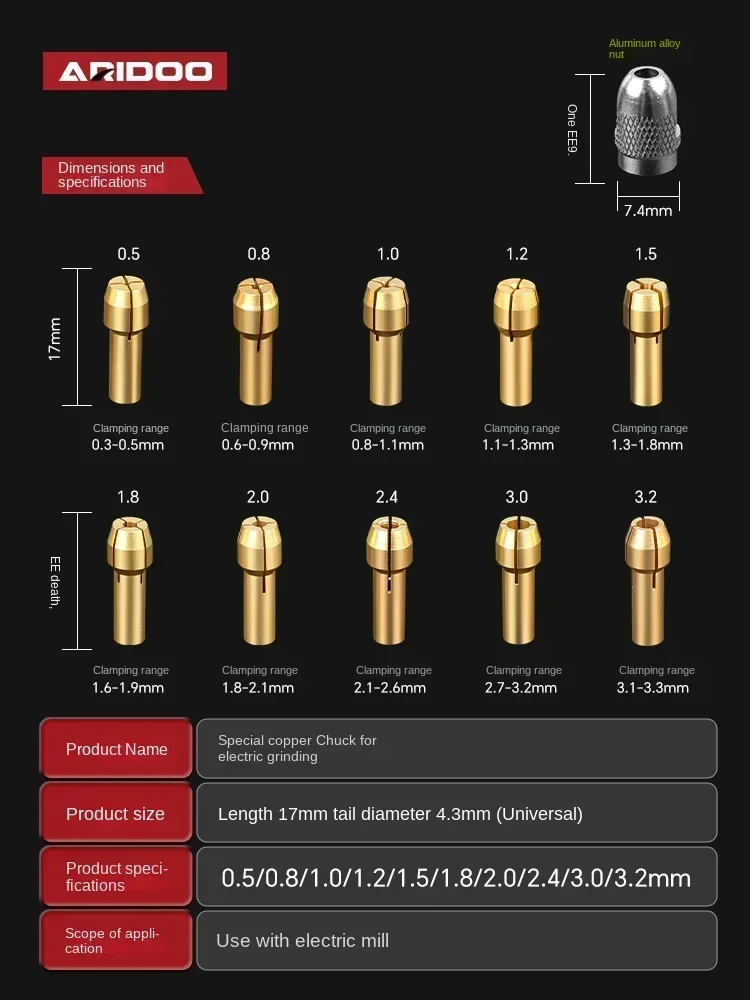 Mini Brass Collet Chuck 3-Jaw Chuck Drill Bit Set for Electric Grinder Carving Machine