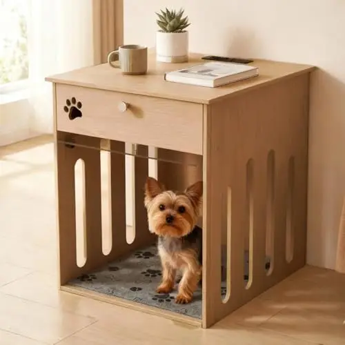 26 Inch Dog Crate Furniture for Small Dogs as Sofa Side Table with Flip-Up Acrylic Door, Storage Compartment & Charging