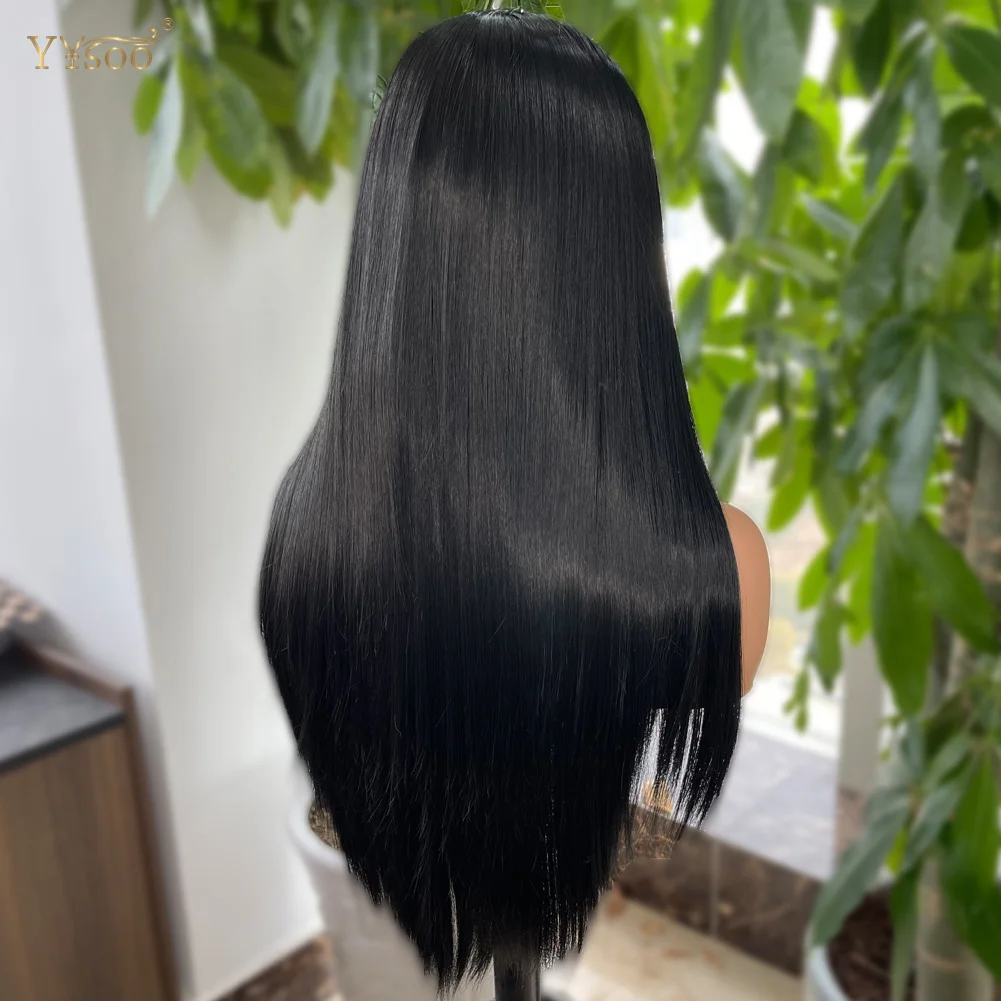 YYsoo 1# Long Silky Straight Dark Black Synthetic Full Lace Wigs for Women Heat Resistant Japan Futura Hair All Hand Tied Wig