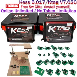 Online 2.80 EU Red Kess V5.017 V2 KTAG V7.020 OBD2 Manager Tuning Kit 4 LED BDM Frame 22pcs Adapters SW V2.25 ECU Programmer Kit