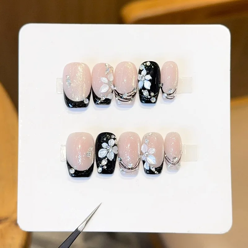 

10Pcs Handmade Nails Traditional Chinese-Style Carved Cat-Eye French Press-On Nails—Perfect As A Gift for Girls and Friends