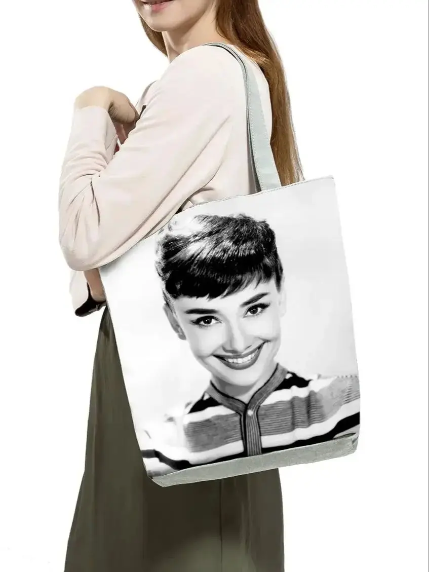 Audrey Hepburn Printed Handbag Classic High Capacity Women Storage Shoulder Bag Daily Eco Reusable Shopping Bag