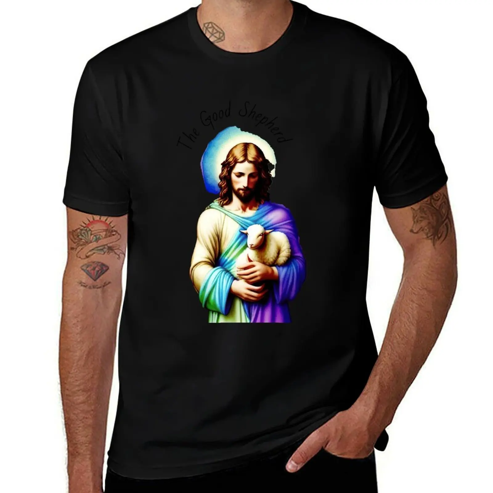 

Jesus, The Good Shepherd Holding a Lamb, Watercolor Design T-Shirt boys animal print heavyweights black t shirts for men