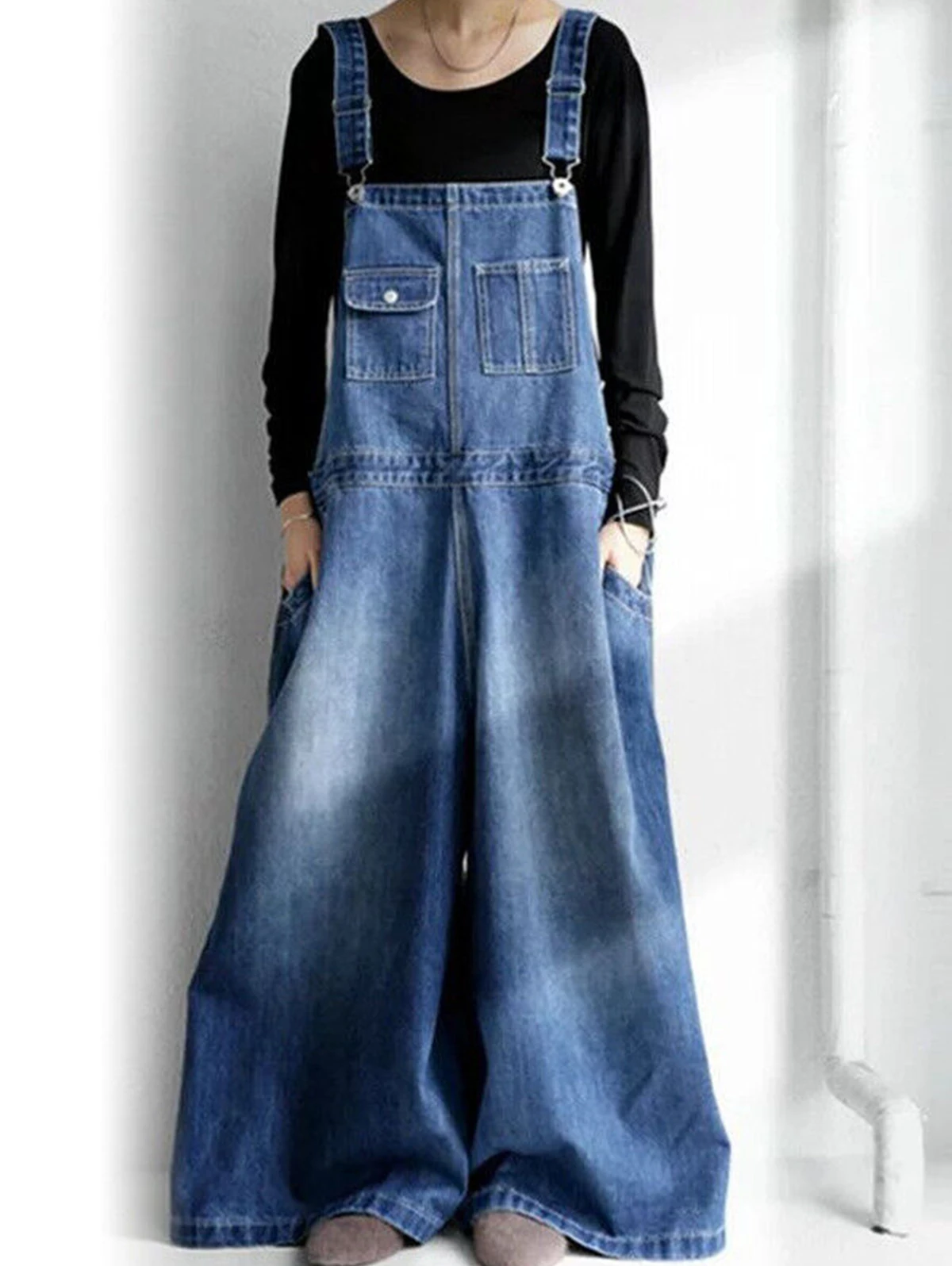 Women Denim Overalls Vintage Streetwear Loose Jumpsuit Korean Straight Wide Leg Pants Casual Jeans Oversized All Match Trousers