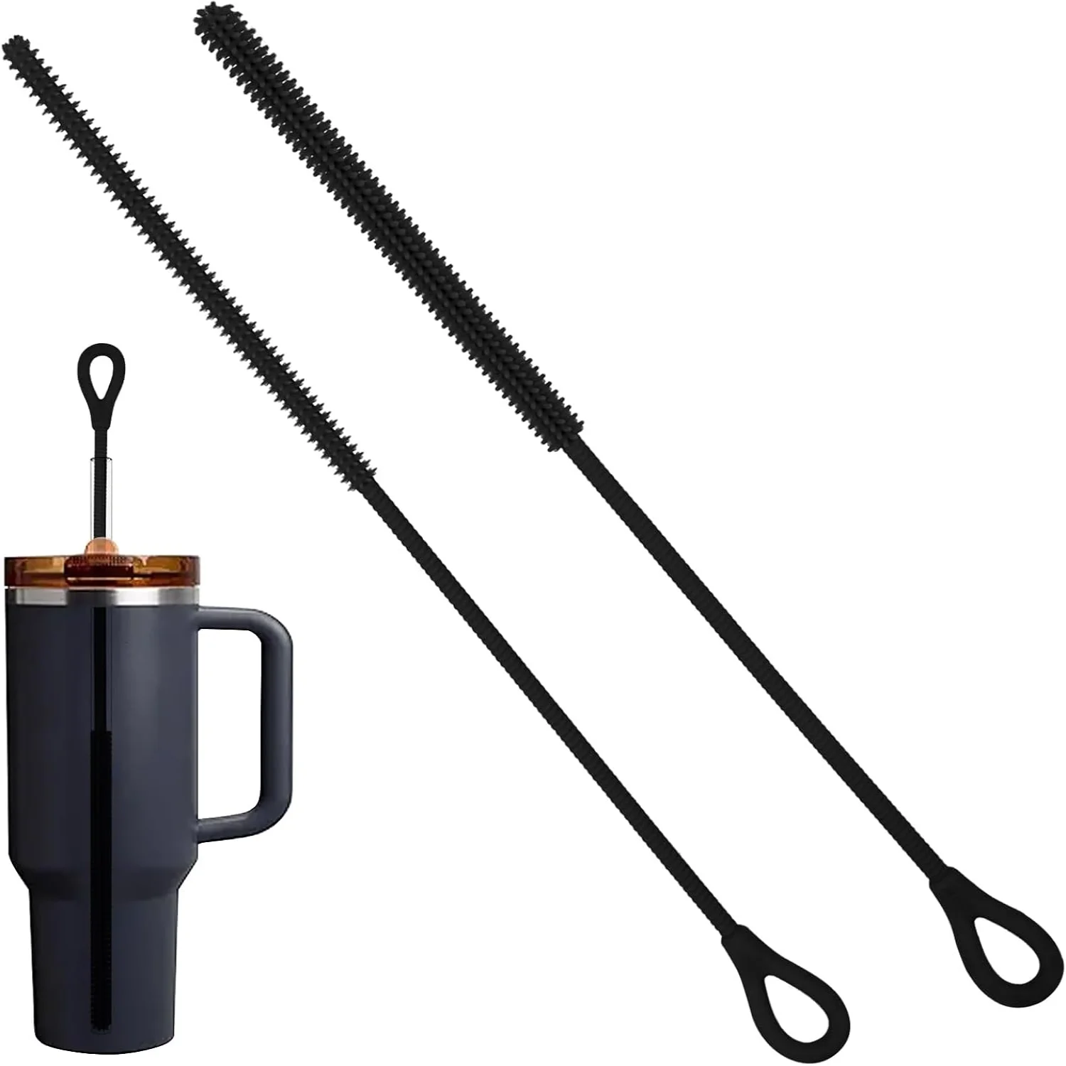 2-piece 25cm Black Silicone Straw Cleaning Brushes with Flexible Steel Core, Reusable, Long-handled Soft-bristle Bottle Brushes