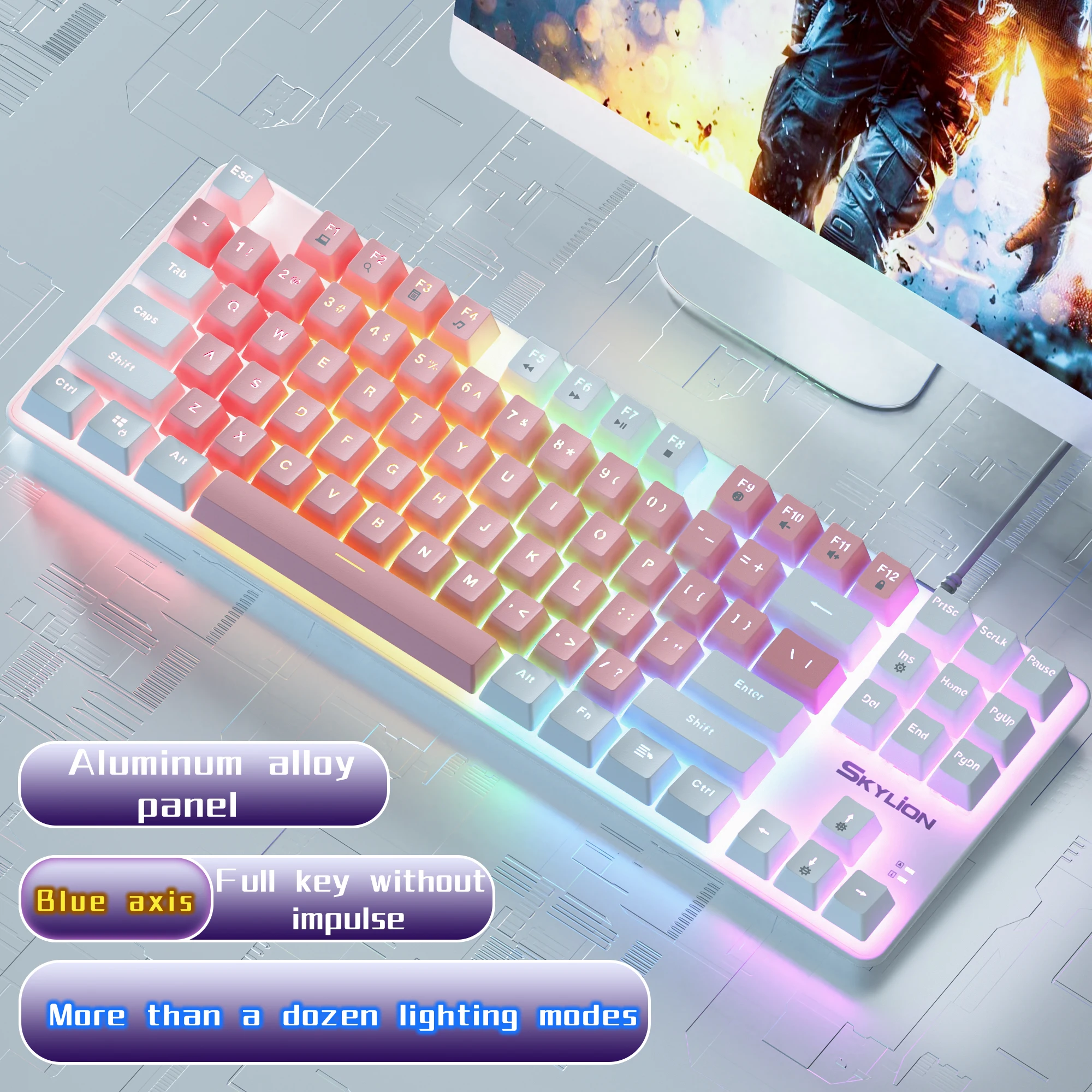 SKYLION H87 유선 기계 키보드 10 종류의 다채로운 조명 게임 및 Microsoft Windows 및 Apple IOS 시스템 용 사무실