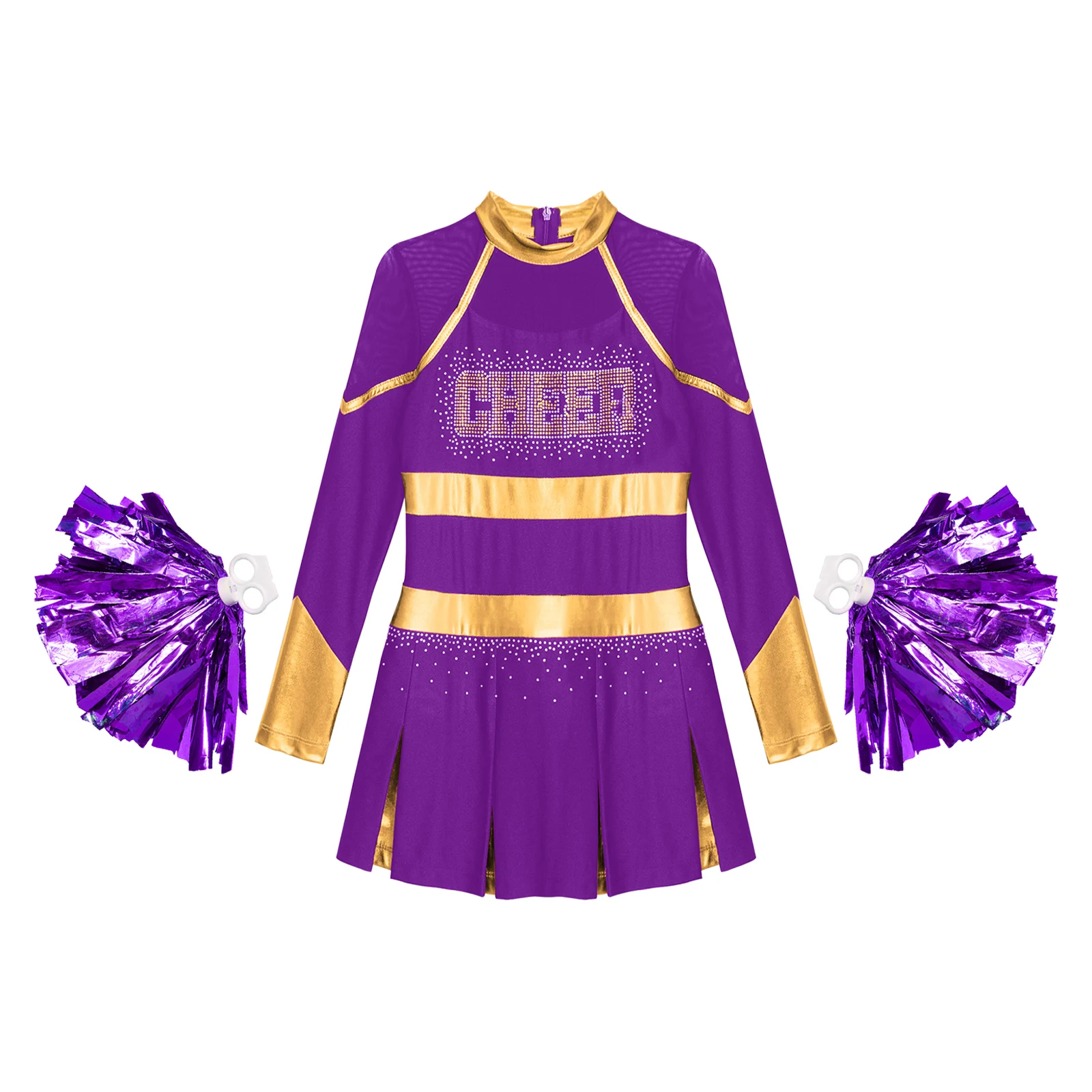 Kinder Mädchen Cheerleading Uniform Cheerleader Tanzkostüm Glitzernde Strasssteine Metallic Plissee Kleid mit 2 Stück Handblumen – Detail 3