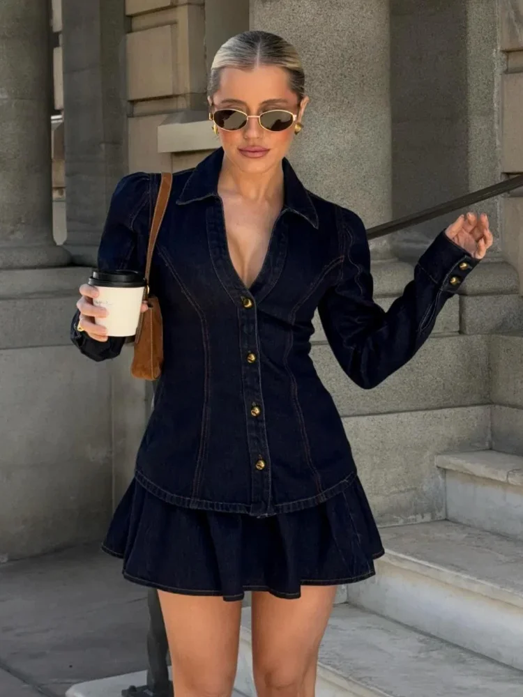 

Fashion Turn Down Jeans Shirts Jacket For Women Retro Denim Chic Long Sleeve Single Breasted Blouse Female Street Lady Chic Tops