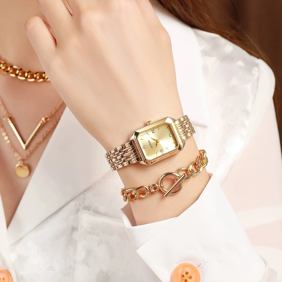 New Women's Chain Bracelet, Chain Earrings, Necklace, Ring, Square Steel Strap Quartz Watch Set, Fashionable And Versatile