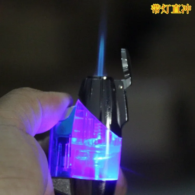 Outdoor Windproof Butane Gas Lighter Transparent Body Blue Jet Flame Turbo Torch Portable Cigar Lighter Personalized Men\'s Gift