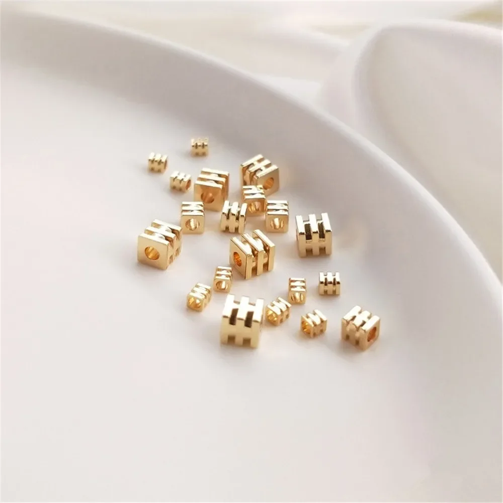 

14K Gold Plated Square bead three lines four square loose bead DIY bracelet necklace string first jewelry separator bead