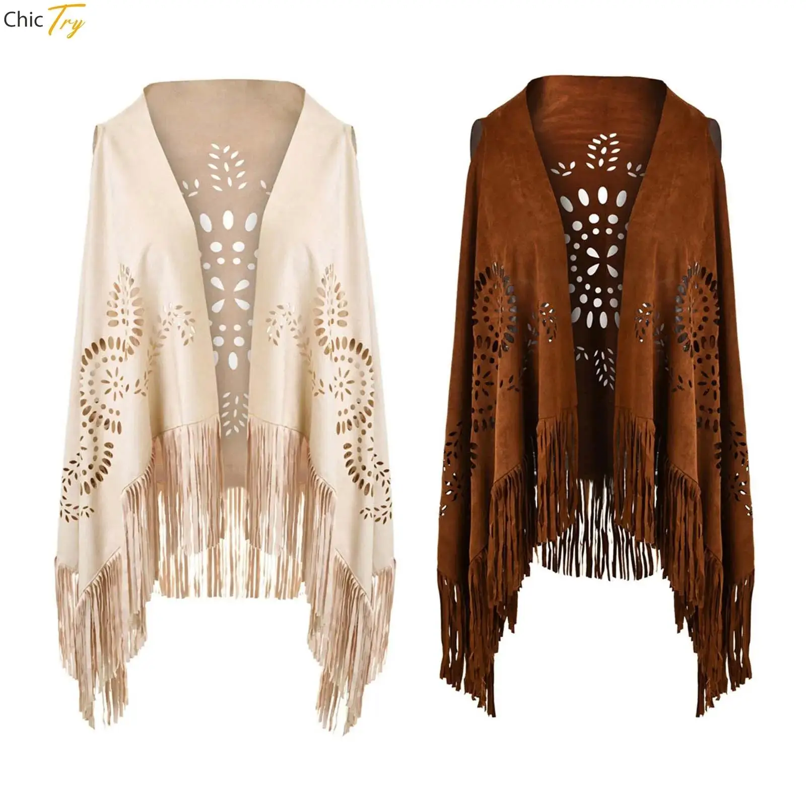 Suede Tassel Wrap Shawl Women Fashionable Retro All-matched Fringe Hollowed Cloak Cape for Casual Outings Party Work Photography