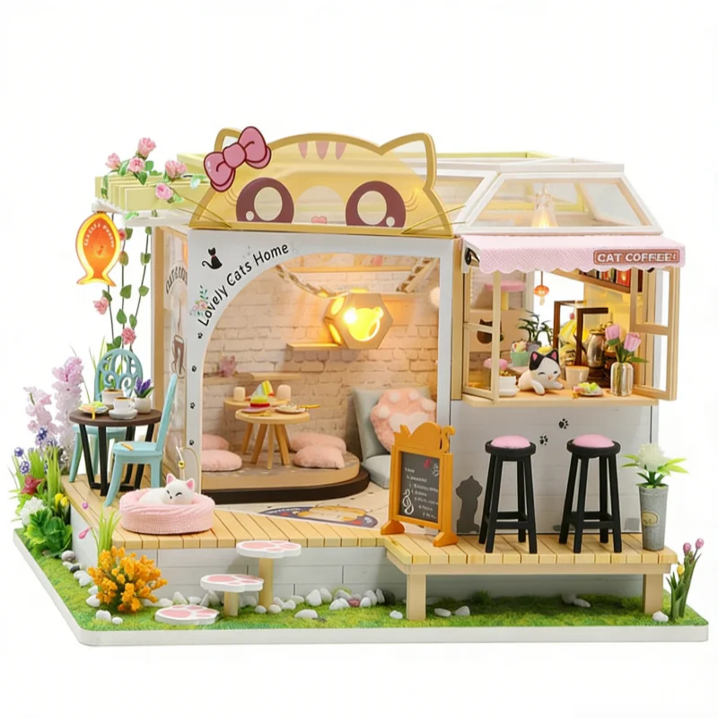OUZEY Cozy Cat Cafe Puppenhaus DIY, 3D-Holzminiatur mit LED-Leuchten, Geburtstagsgeschenk für Teenager-Mädchen