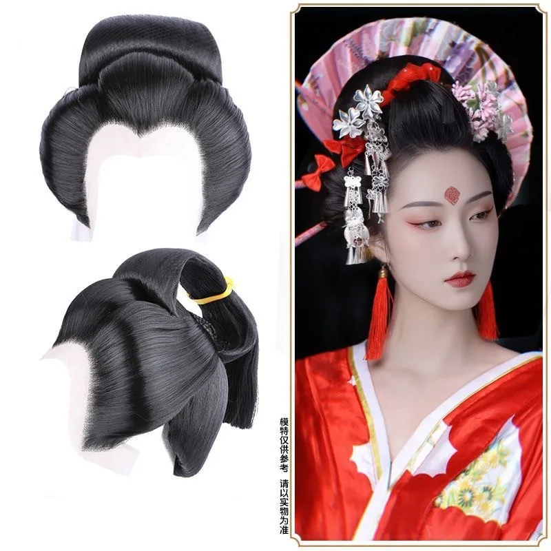 Styled Geisha Kokushibou Cosplay Wigs Black Woman Kimono Cos Heat Resistant Synthetic Hair Wigs + Wig Cap AS Role Play Prop Gift
