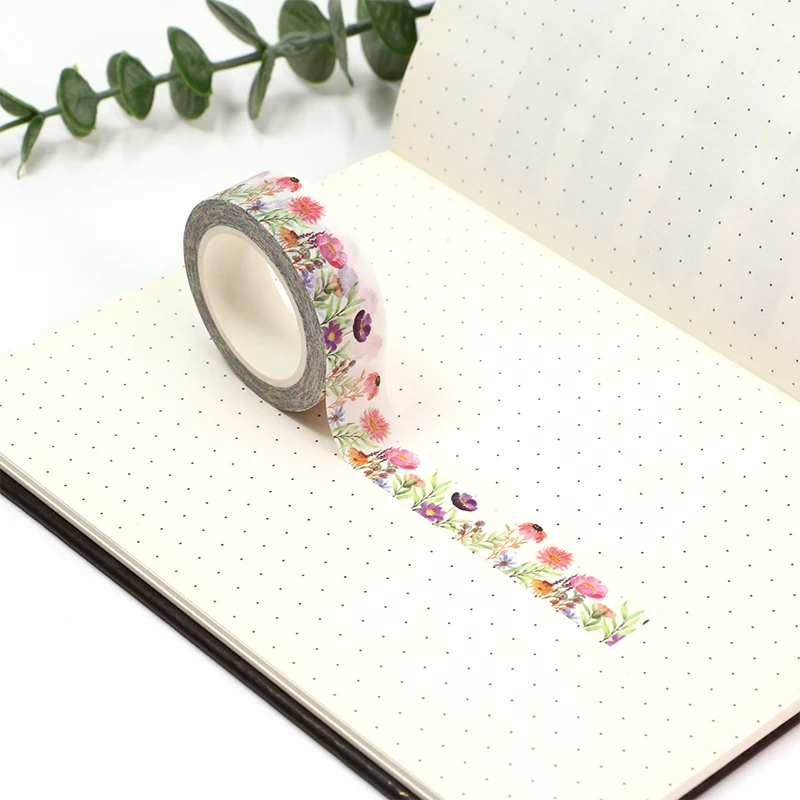 1PC 15mm*10m Pink Purple Floral Washi Tape DIY Scrapbooking Paper Photo Album Adhesive Stationery Masking Tape stickers