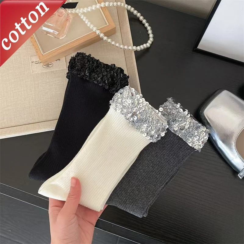 

Women's Socks Korean Sequins Shiny Fashionable Trendy Versatile Luxury Brand High-quality Comfortable Cotton Socks For Girl