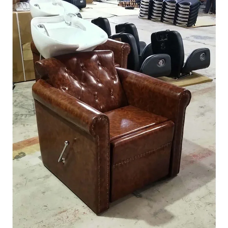 2026 Antique Style Leather Tufted Brown Washing Chair Shampoo Bowl With Chair