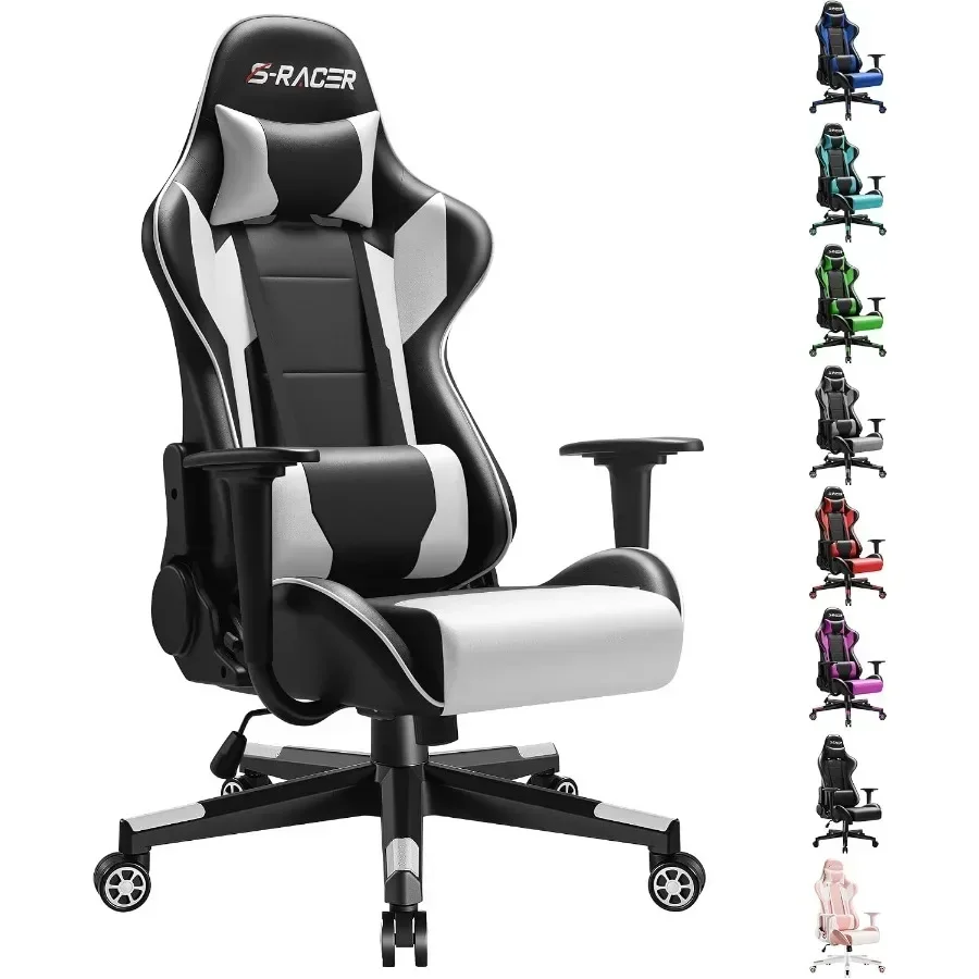 Gaming Chair for Office Use, PU Leather, White, High Back with Adjustable Swivel, Racing Style, Ergonomic Design with Headrest