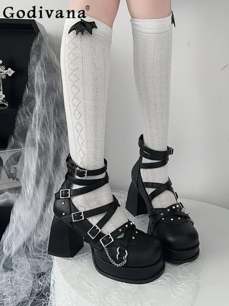 Fashion Sweet Cute Punk Gothic Women High-Heeled Shoes Spring Autumn Y2K Mary Jane Leather Shoes Lolita High-End Strap Pumps