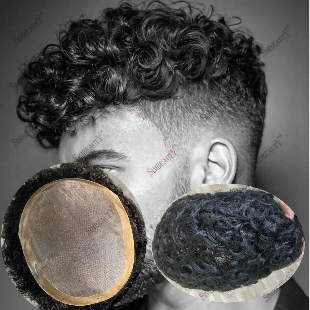 20mm Curly Men Toupee100%Human Hair Super Durable Mono Lace&Pu Base Breathable Mesh Fashion Toupee Replacement System Prosthesis