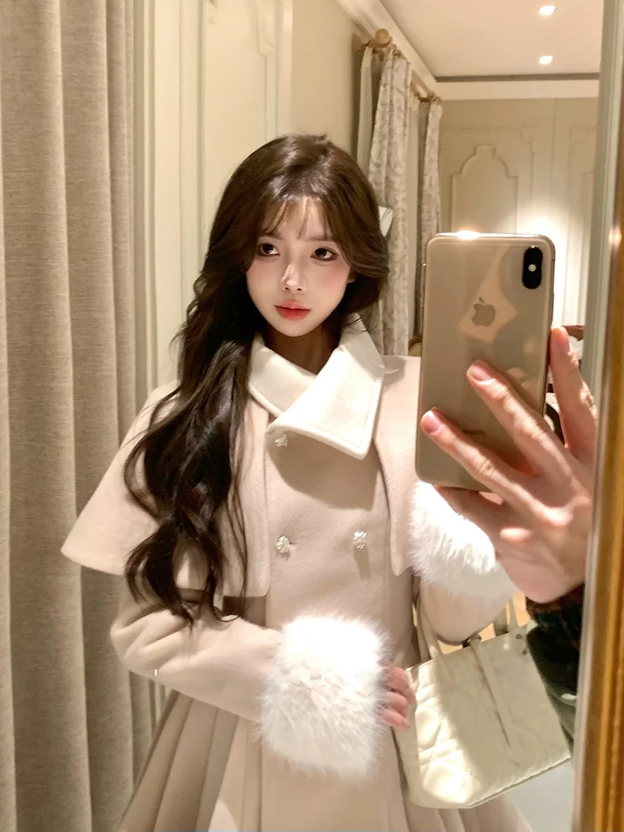 

Oyois Pink Almond Fabric Woolen Coat Waist-Cinching Flared ort Princ Sle Design Thi Winter Youth Fem Outerwear