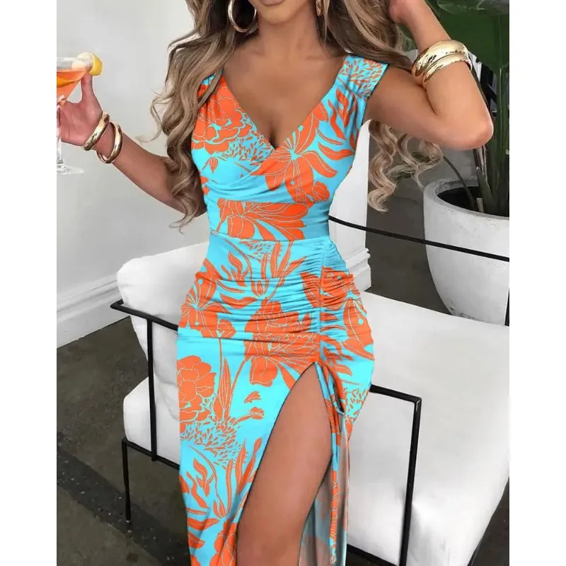 Mandylandy Summer Fashion Sexy Dress Women canotta senza maniche abito lungo vita alta con scollo a v Casual abiti Sexy stampati floreali