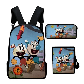 Harajuku The Cuphead Show Anime 3D Print 3 pcs/Set, bolsas escolares para pupilas, mochila para portátil, bolso de hombro inclinado, estuche para lápices