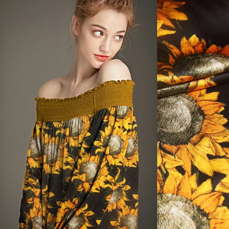 Yellow Sunflower Print 95% Silk & 5% Lycra Strech Silk Satin Fabric for Blouse Dress Clothing Cheongsam 109CM Wide 91G/M C007