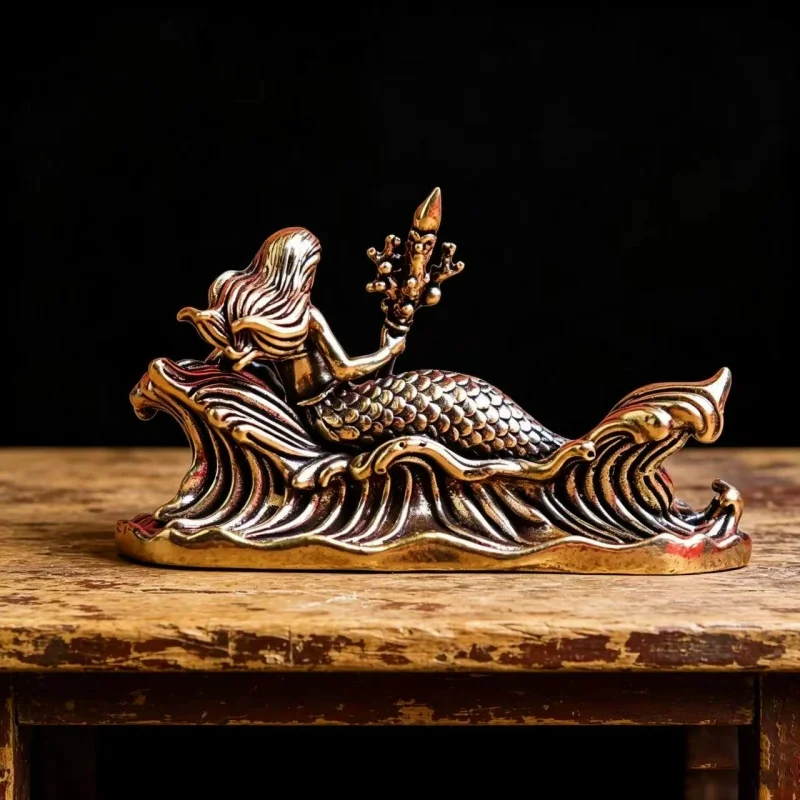 Retro Brass Mermaid Trident Sculpture Antique Metal Nautical Tabletop Figurine Home Office Coastal Decor Collectible Gift