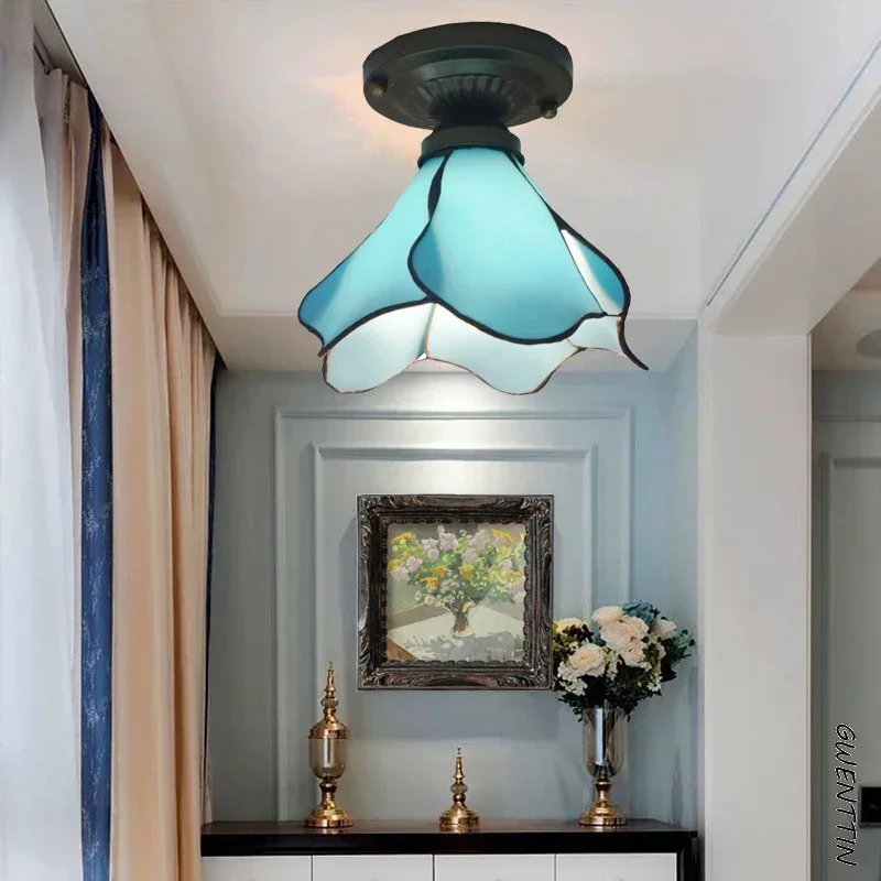 TechHPTiffany Lotus Pendant Lamp Ceiling Light Fixture Vintage Mediterranean Restaurant Hanging Lamps