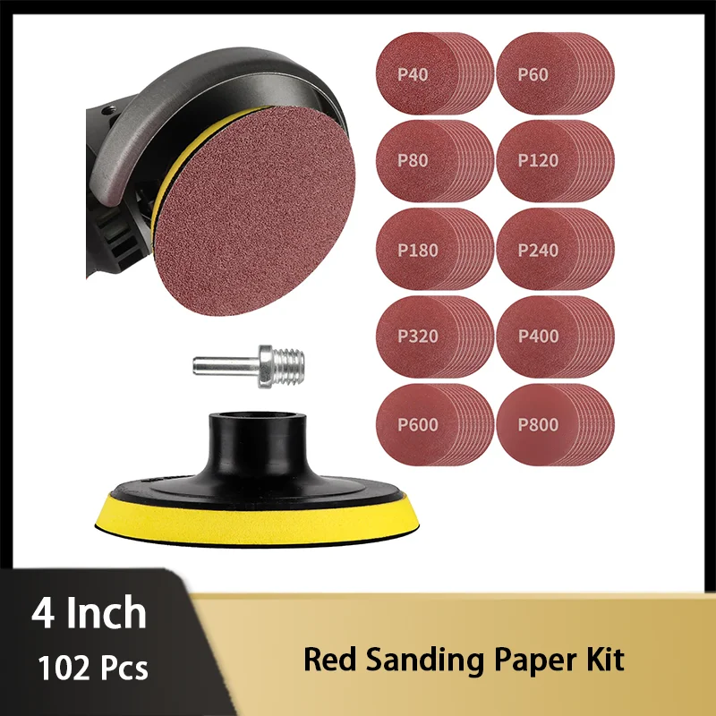 

4 Inch Red Sanding Paper Kit 102 Pcs with M14 Hook and Loop Backing Pad and 8MM Drill Adapter Grit Assorted40# - 800#