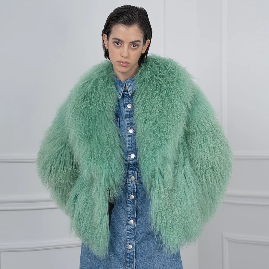 

Real Fur Coat Women Natural Sheepskin Fur Coat Light Green Mongolian Lamb Jacket With Shawl Collar Winter Coats Woman 2024 Warm