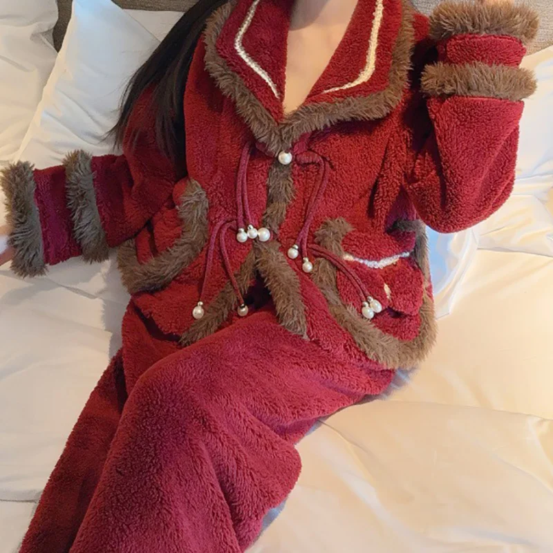 Women's Lucky Year Red Traditional Chinese Style Cute Little Fragrant Thickened Pajamas Home Wear Set Three-Piece Pajamas