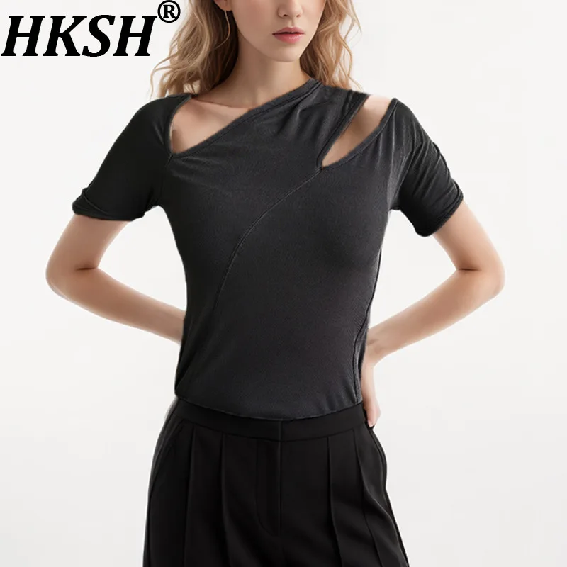 

Женская футболка HKSH с короткими рукавами, асимметричным воротником и вырезами, однотонная, приталенная, повседневная, элегантная, новая летняя модель HK20973