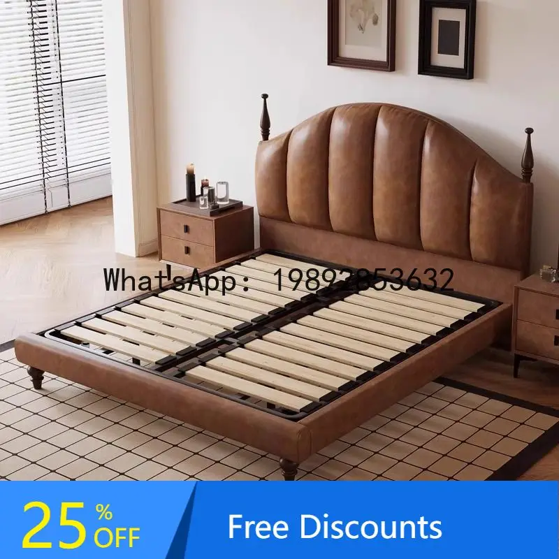 

CZ French Retro Genuine Leather Double Bed Modern Master Bedroom Simple Ancient Style Oil Wax Leather Upholstered Wedding Bed