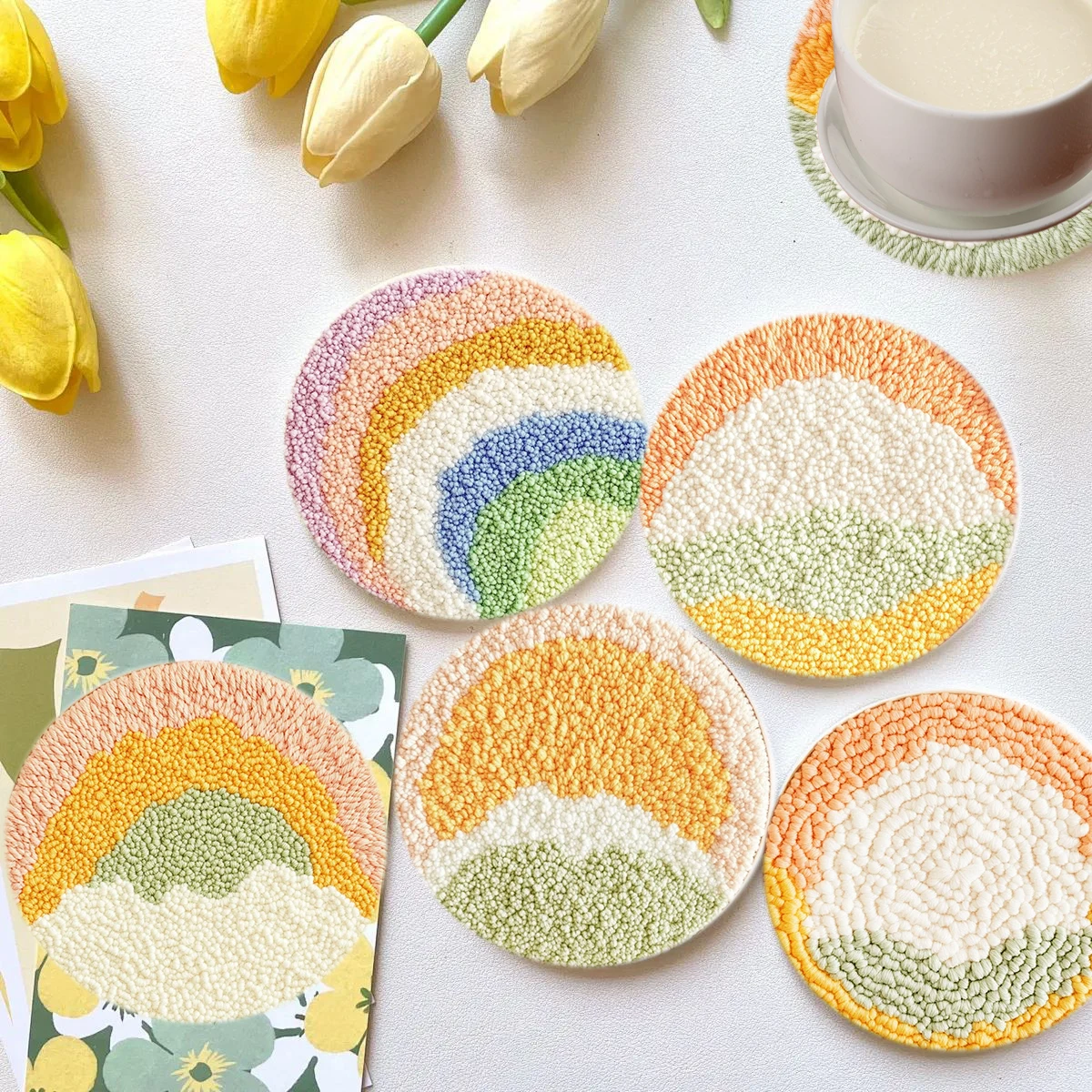 

6pcs Landscape Punch Needle Embroidery Coaster Kits DIY Cartoon Cup Mat Set Sewing Hobby Desktop Decoration Handmade Gift