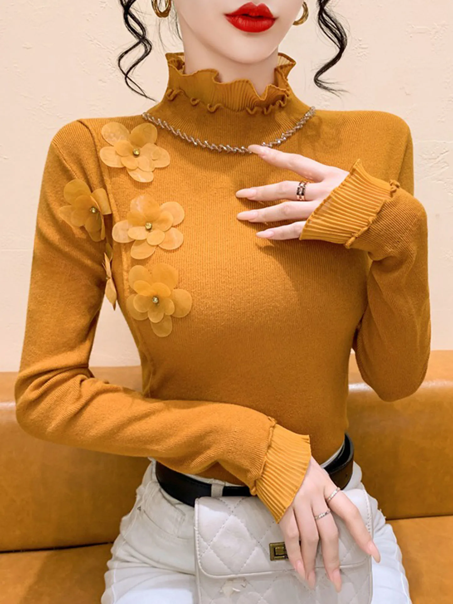 Retro emenda gola alta diamante embelezado fino ajuste camisola de malha para as mulheres outono inverno nova base sle irt topo