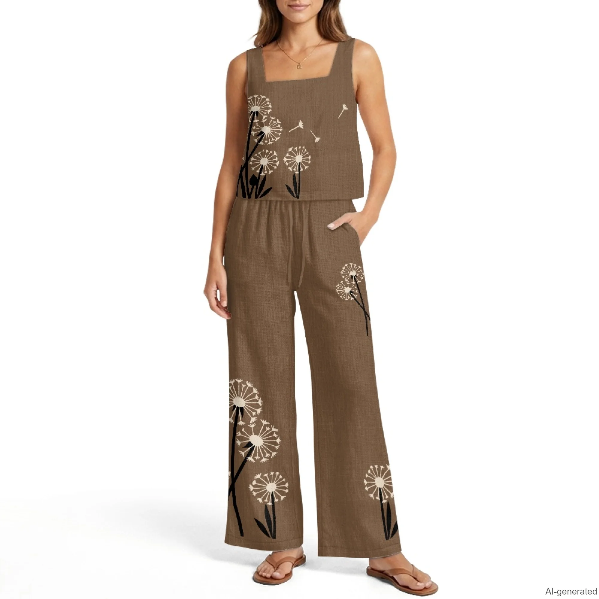 INSTANTARTS Women's Vest Wide-Leg Pants Linen Suit 2Pc Summer Casual Outfits Dandelion Sleeveless Vest Wide Leg Pants S-2XL