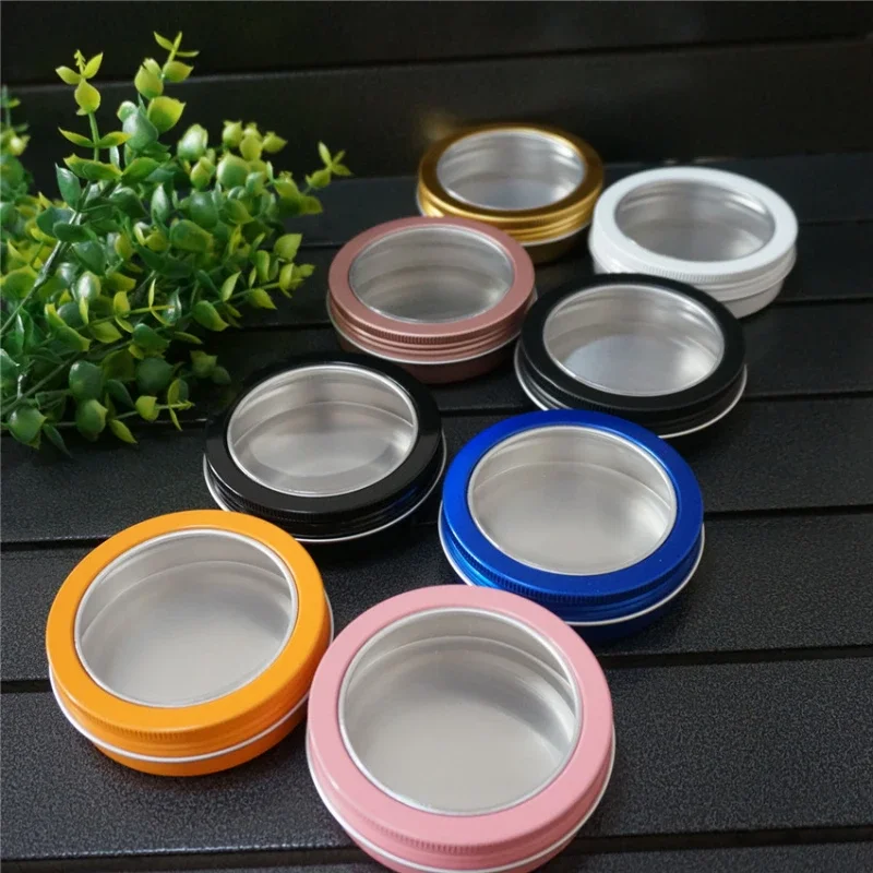 100g ML Gold Empty Round Aluminum Tin Cans Bottle with Window Lids,Pink Skylight Aluminum Box Black Cream Box Tea Aluminum Jar