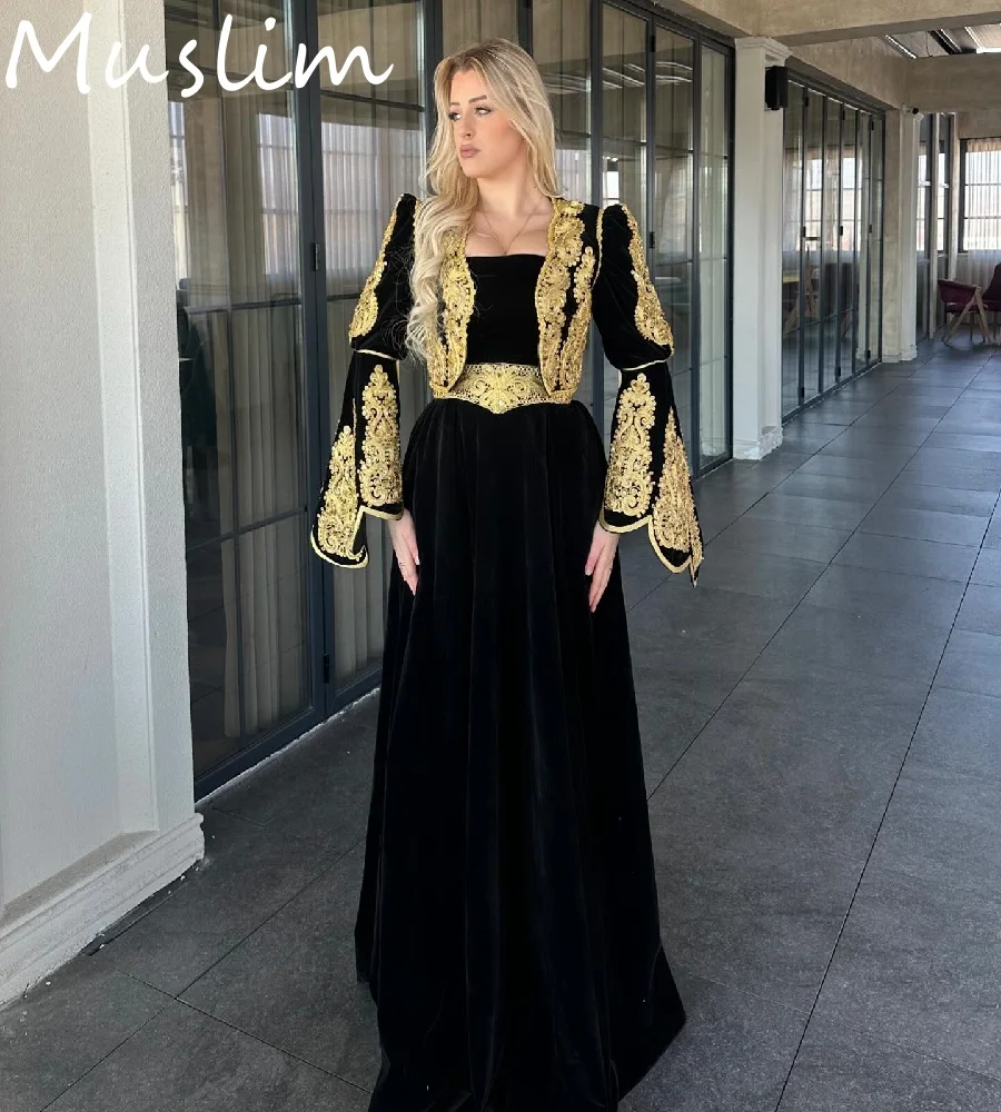 Vintage-Kaftan-Gala-Abschlussballkleid 2025, goldene Applikationen, zweiteiliges Samt-Abendkleid für formelle Anlässe, Takchita-Party, individuell gestaltet