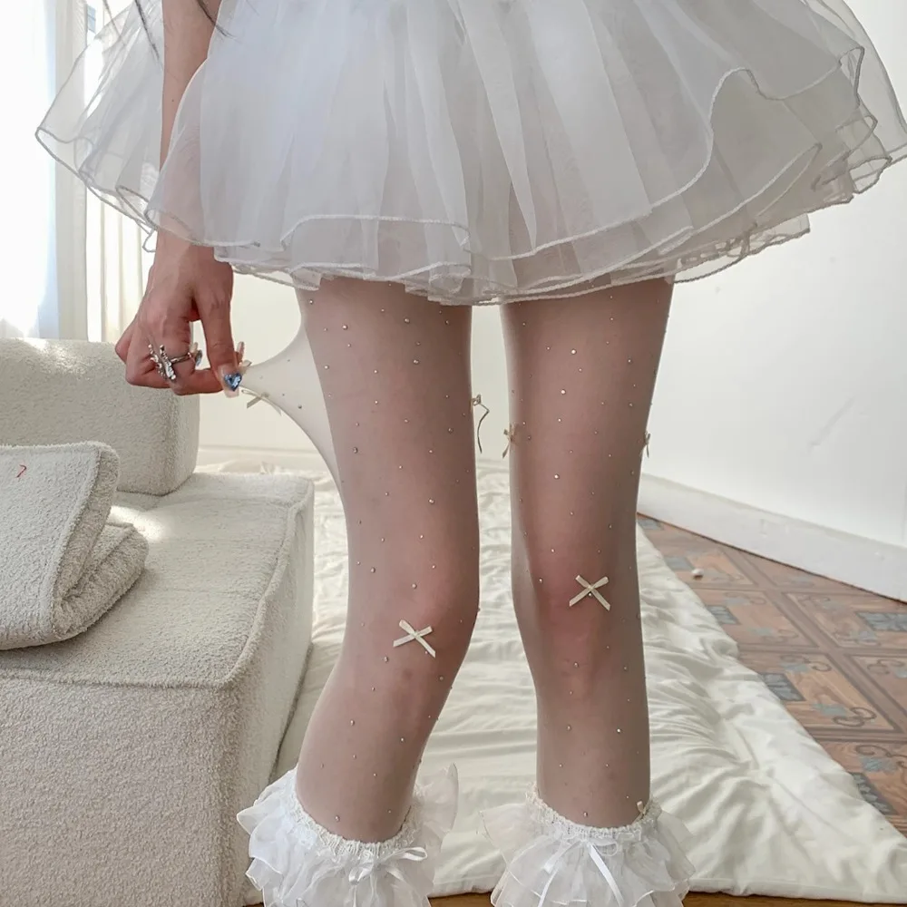 

Сексуальные блестящие колготки с ромбовидной вышивкой и бантом, ультратонкие колготки в стиле Лолиты, колготки в стиле JK с бриллиантами для девочек