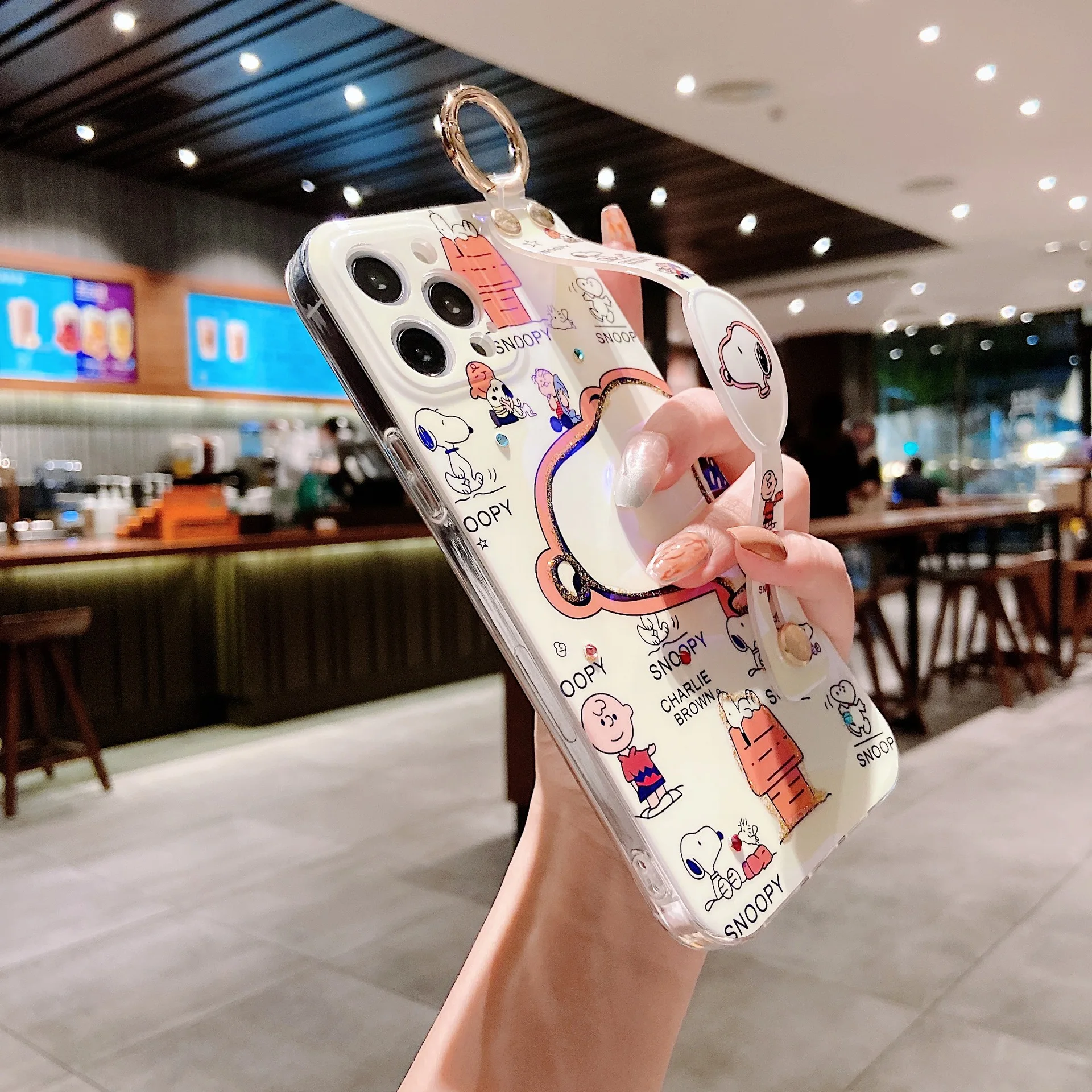 Cute Snoopy Charlie Brown Luxury Laser Wrist Strap Bracket Phone Case For iPhone 13 12 14 15 11 X Crossbody Strap Lanyard Cover