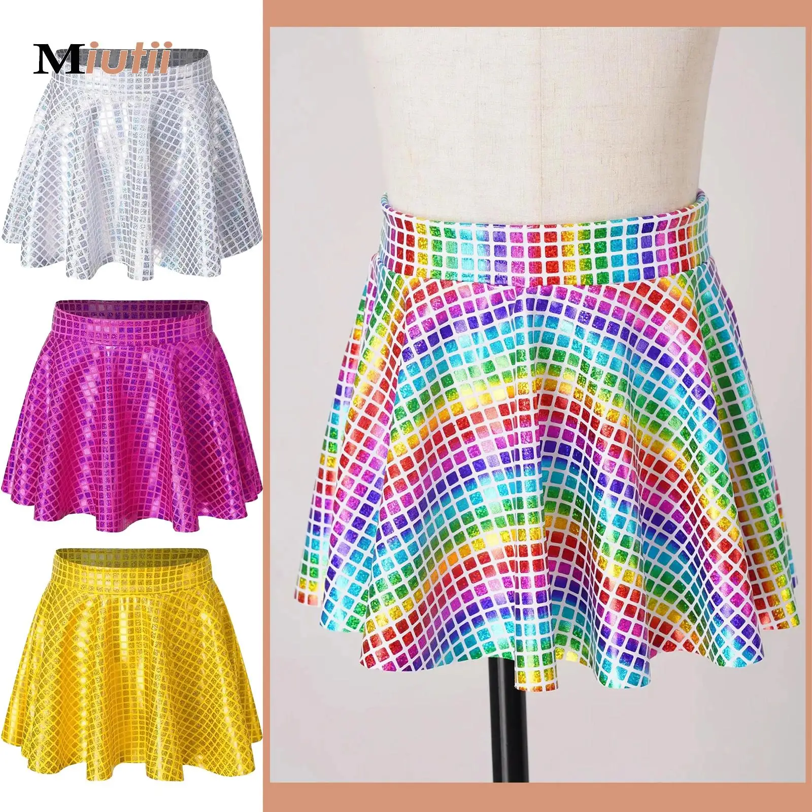 

Metallic Jazz Dance Skirt for Girls Flared Pleated A-Line Mini Skater Skort Athletic Shiny Elastic Waistband Scooter Skirt