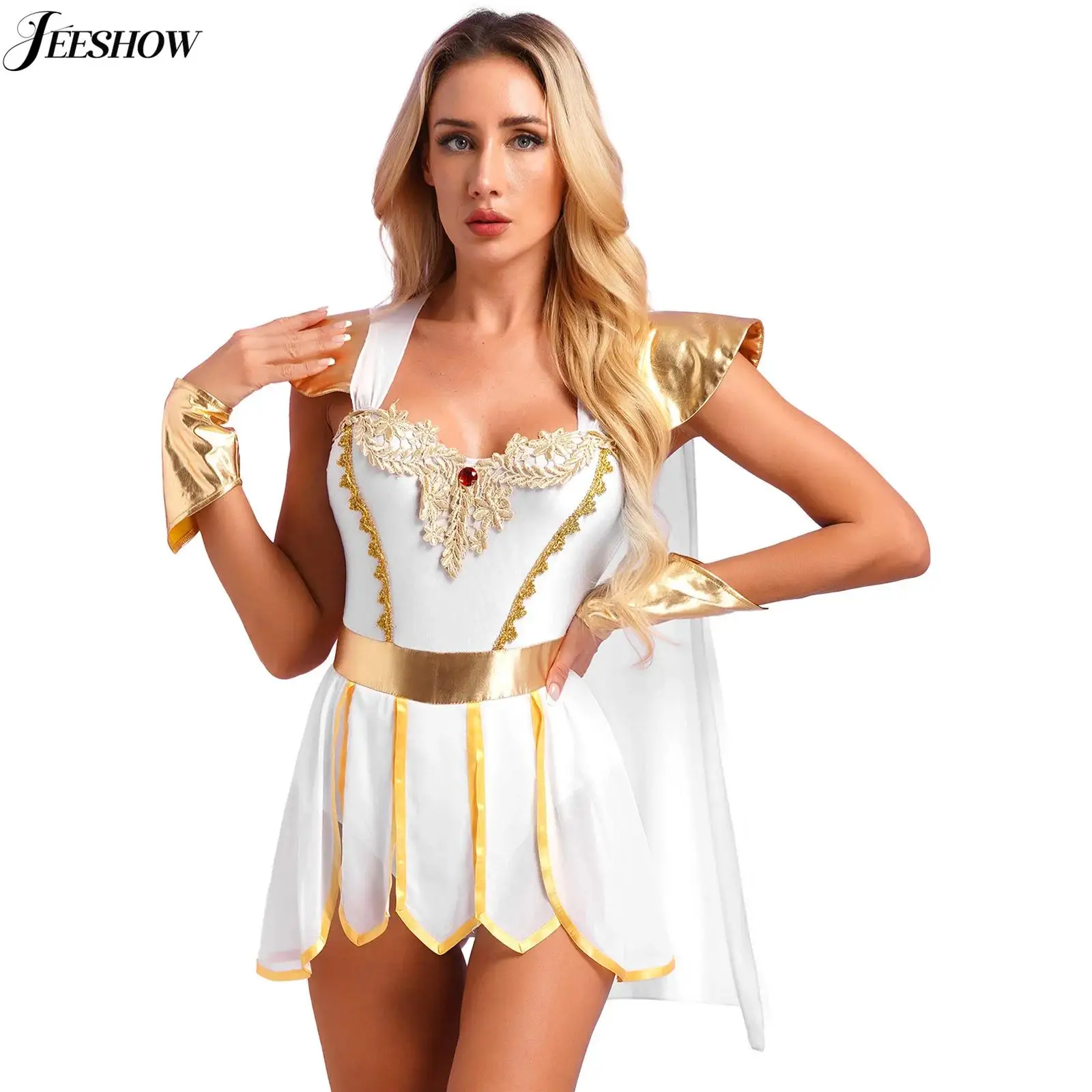 Womens Ancient Creek Warrior Costume Metallic Trim Tunic Dress with Chiffon Cape Roman Gladiator Spartan Queen Cosplay Outfits