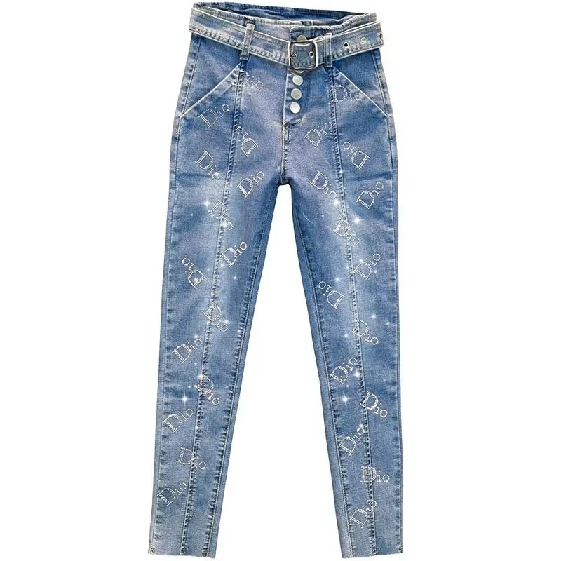 

Korean Hot stamping Letter Elastic Jeans For women 2025 New Fashion High waist Skinny Pencil Pants Female Casual Denim pants