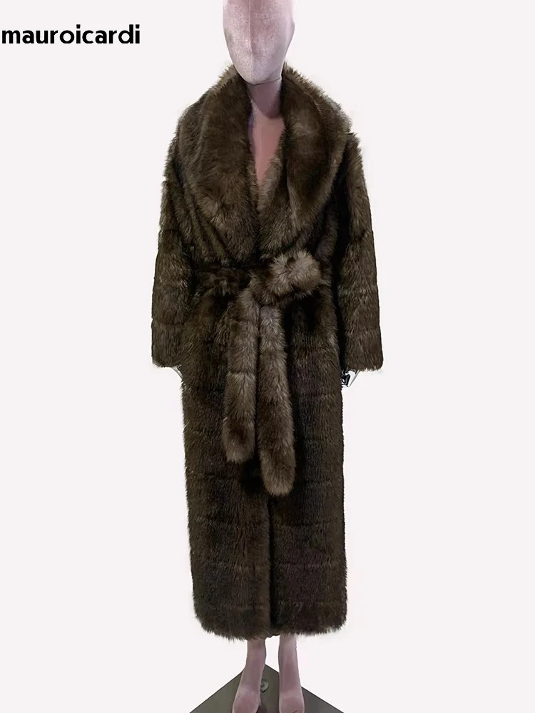 Mauroicardi Winter Elegant Long Thick Warm Striped Fluffy Brown Faux Sable Fur Coat Women Shawl Collar Sashes Furry Overcoat